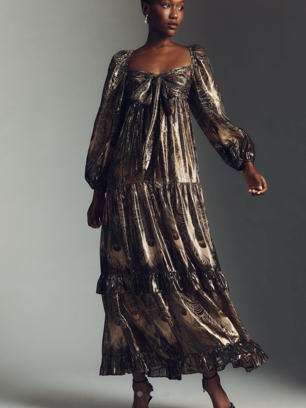 Anthropologie Long-Sleeve Gold Metallic
Babydoll Midi Dress